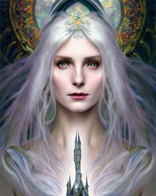 Image similar to realistic portrait of a beautiful white witch, bright witch, inside a castle, beautiful, beautiful face, fantasy, chaos, magic, dark magic, dramatic lighting, intricate, wild, highly detailed, digital painting, artstation, concept art, smooth, sharp focus, illustration, art by artgerm and greg rutkowski and alphonse mucha, footage from space camera