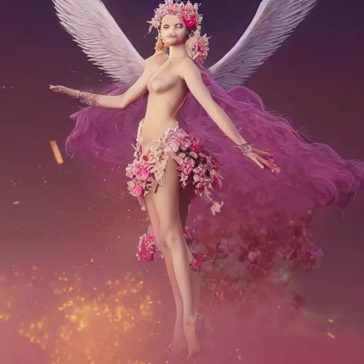 Image similar to expressive full body photo of sophia lauren as beautiful angel, smooth glowing skin, ornate headpiece made from pink flowers, glamour shot, by yoshitaka amano, by greg rutkowski, by jeremyg lipkinng, by artgerm, octane render, unreal engine, photorealistic, canon r 3, fashion photography