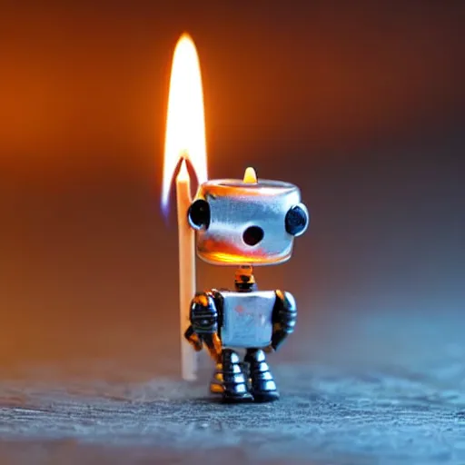 Image similar to a cute little robot sitting on a matchstick with a lit candle in the background