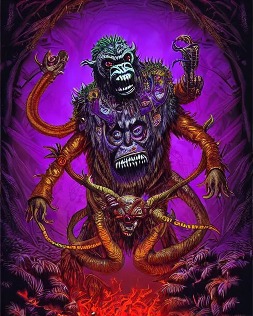 Image similar to barong family member, wiwek, mara demon, music, smoke from eyes, background red smoke with purple lightning, one single tribe member, jungle, one single mask, dark, ancient warrior, gorilla, lizard, inner glow, art by dan mumford and justin gerard