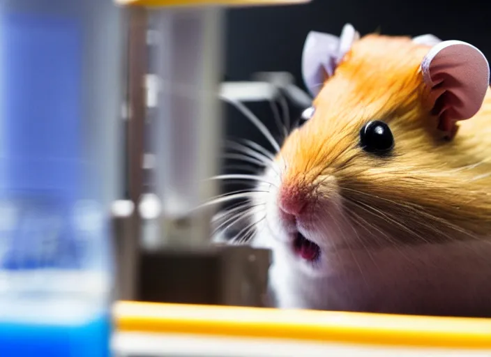 Image similar to film still of a hamster working in a research lab finding the cure for cancer, 8 k