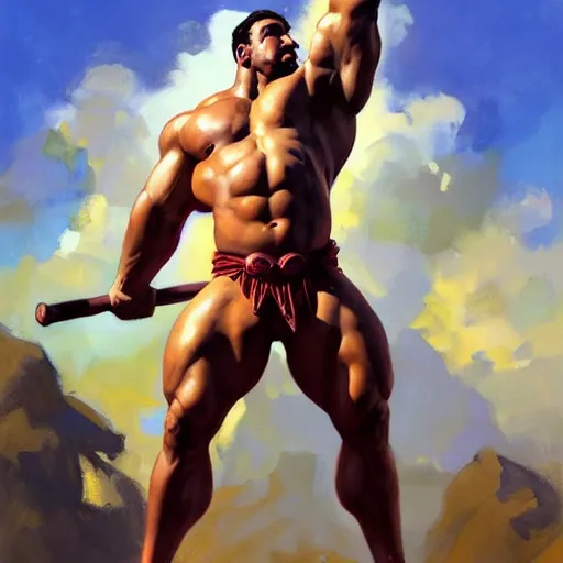 Image similar to greg manchess portrait of himera man and hibiscus as roided thick muscular weightlifter fantasy medium shot, asymmetrical, profile picture, organic painting, sunny day, matte painting, bold shapes, hard edges, street art, trending on artstation, by huang guangjian and gil elvgren and sachin teng