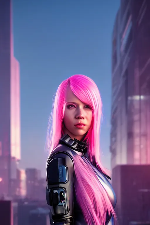 Prompt: hyperrealistic portrait of stunningly beautiful pink haired girl with cyber implants, lit in a dawn light, cyberpunk city on background, trending on artstation,ultrawide angle, f8 , polarizer , unreal engine