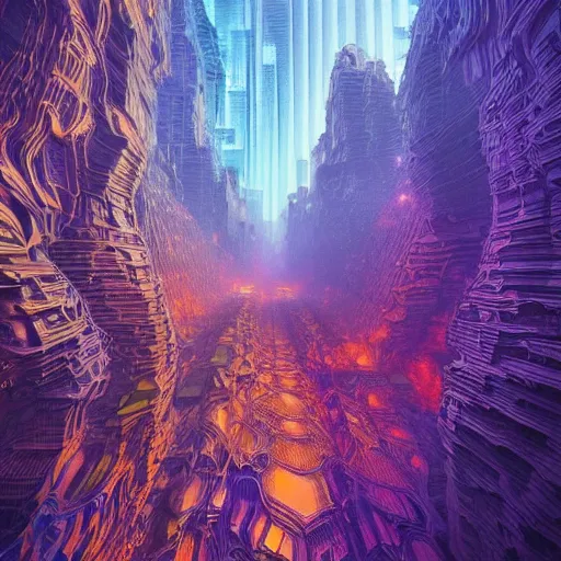 Prompt: Hyperdetailed render of A beautiful painting of Fractal abstract painting of psychedelic cyberpunk city in blue-purple-orange color scheme in I can't believe how detailed this is. by greg rutkowski, Trending on artstation Taro card, cubism brutalism architecture, Lava Canyons, magma burst, little crystals everywhere