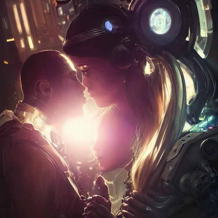 Image similar to ultra realistic medium shot of a couple of cyborgs kissing, lovers, cyberpunk, sci - fi, fantasy, kodak, colour led, soft light, volumetric lighting, night, intricate, highly detailed, digital painting, concept art, smooth, sharp focus, illustration, art by artgerm and greg rutkowski and alphonse mucha