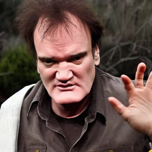 Prompt: quentin tarantino with big hairy feet outside of a hobbit hole