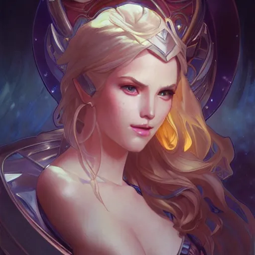 Image similar to portrait of lux from league of legends, art by artgerm and greg rutkowski, alphonse mucha, cgsociety