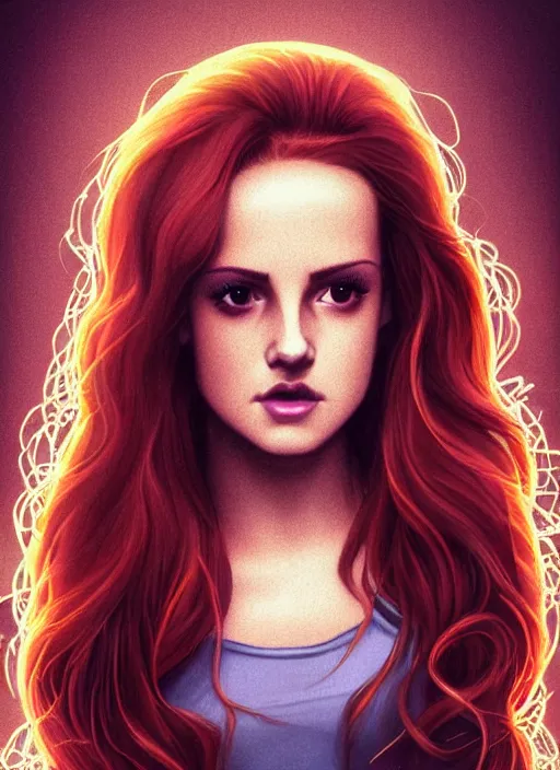 Image similar to full body portrait of teenage cheryl blossom, bangs, green eyes, mischievous expression, red hair, sultry smirk, bangs and wavy hair, 1 9 8 0 s, intricate, elegant, glowing lights, highly detailed, digital painting, artstation, concept art, smooth, sharp focus, illustration, art by wlop, mars ravelo and greg rutkowski