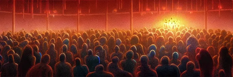 Image similar to a crowd of worshipers praying to a portal to hell, by Michael Whelan, luminous lighting, cinematic, panoramic, aspect ratio 1:3