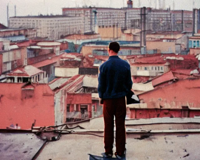 Image similar to lomo photo of man standing on the roof of soviet hrushevka, small town, cinestill, bokeh, out of focus