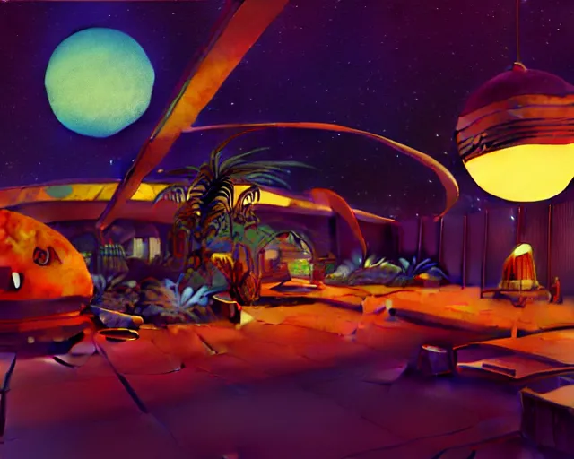 Prompt: low angle interior shot of a space port at night, pulp art, Art Deco, aquatical plants, cinematography by Jim Jarmusch, set design by Joseph Leyendecker and Robert McGinnis and Alfred Henry Maurer, 3d octane blender render, Hippie and boho fashion 1970s, kraut rock soundtrack
