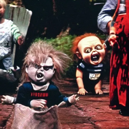 Prompt: screaming chucky doll chasing george rr martin