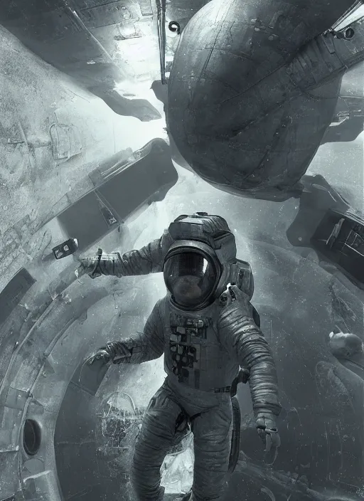 Prompt: complex poster by craig mullins astronauts in futuristic dark and empty spaceship underwater. infrared complex and hyperdetailed technical black suit. mandelbulb fractal. reflection and dispersion materials. rays and dispersion of light. volumetric light. 5 0 mm, f / 3 2. noise film photo. flash photography. unreal engine 4, octane render