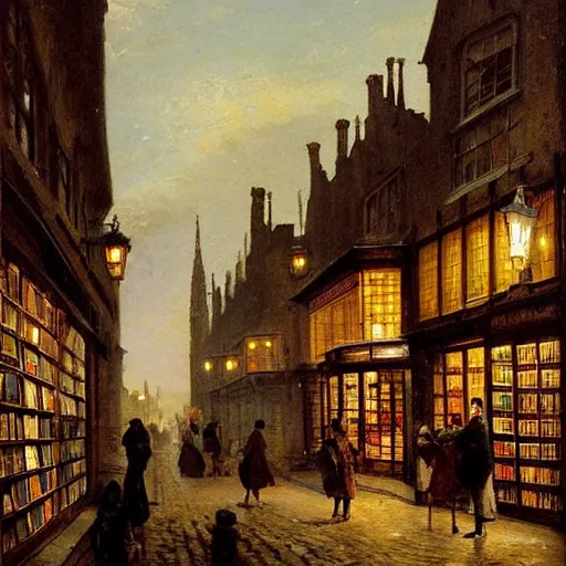 Prompt: Cornelis Springer and Richard Schmid and Willem Koekkoek victorian genre painting painting of an english 19th century english bookshop store front on a stone city streat with shops and stores at night with cozy lights