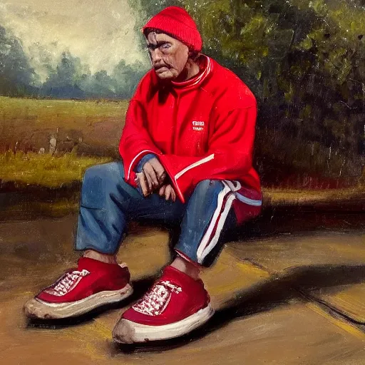 Image similar to a man in cheap and red used sportswear. he is smoking a cigarette. he is sitting on a dead dog. he is on the side of the road. he is wearing slippers. it is a rural scene, in poor village, dramatic lighting, hyper detailed, surreal, hyperrealism, oil painting