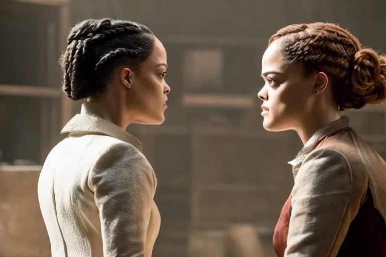 Prompt: evan rachel wood as hale and tessa thompson as dolores in westworld