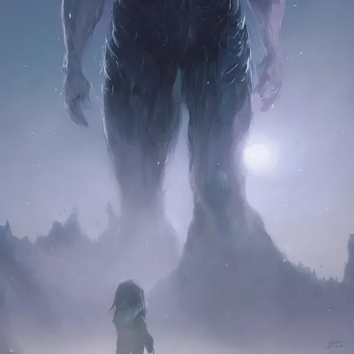 Image similar to a beautiful terrifying immense pale humanoid giant looms over a tiny human. ethereal horror fantasy art by artgerm and greg rutkowski