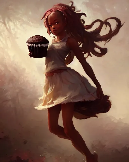 Image similar to a ( girl as personification of chocolate cupcake ), fantasy bakery, realistic digital painting by greg rutkowski, artgerm, krenz cushart, laurie greasly, wlop, intricate, highly detailed!! sharp focus, smooth, epic composition, joyful, unreal engine