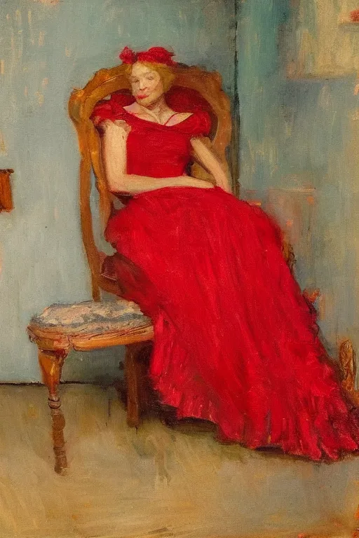 Prompt: a red dress laid across a chair in a dark victorian era room. in the style of american impressionism painting.