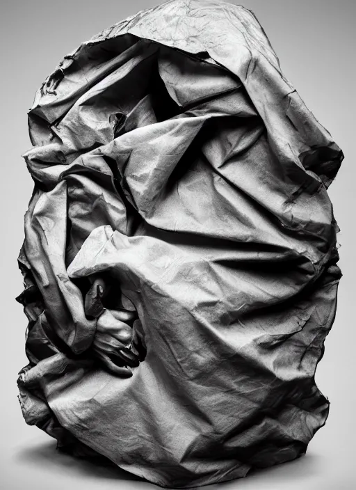 Prompt: a hyper realistic ultra realistic photograph of a man transmogrifying into crumpled paper, top secret, highly detailed, 8k photo