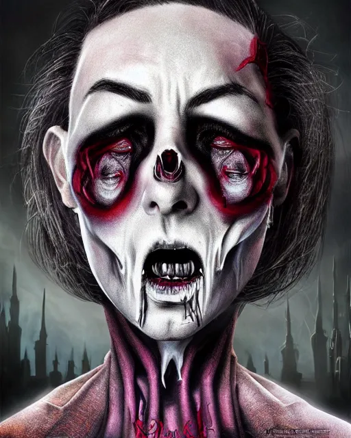 Image similar to halloween vampire theme surrealist art in the styles of igor morski, jim warren, and a tim burton film, intricate, hyperrealistic, accurate facial details, profile picture with chromakey background, volumetric lighting