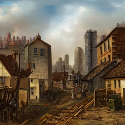 Prompt: a cityscape, settlement, buildings, detailed scenery, industrial revolution time period —width 672