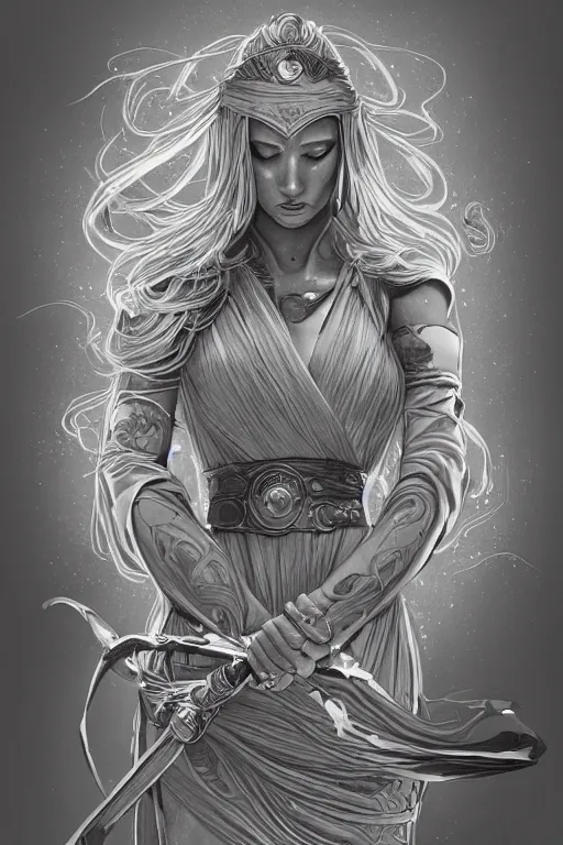 Image similar to ethereal gold and silver tones, jedi warrior princess, full body, style of moebius, james jean, mcbess!!!!!, cinematic, highly detailed, award winning, 8 k photorealistic