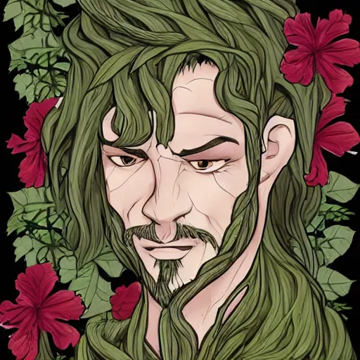 Prompt: male firbolg druid with vines and hibiscus flowers as hair simple drawing, pointy ears, gray skin, dungeons and dragons, comic style