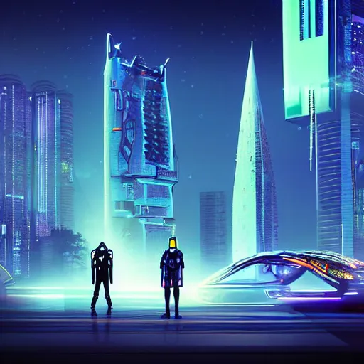 Image similar to futuristic citizens and vehicles, on the Moon, long shadows, holographic trees in a Russian high-rise community cyberpunk city called Neo Kudrovo, pitch black sky with stunning bright stars, bright sun, high contrast, lively, freaky, black sky full of stars, LEDs, holograms, blinding bright sun, sci-fi, cyberpunk outfits, photorealistic, grainy, 35mm, intricate, very very beautiful, elegant, smooth, cinematic, Unreal Engine 5, by Beeple