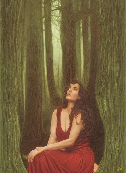 Image similar to portrait of jennifer connelly in woods looking for her friends, twin peaks poster art, from scene from twin peaks, by michael whelan, rossetti bouguereau, artgerm, retro, nostalgic, old fashioned