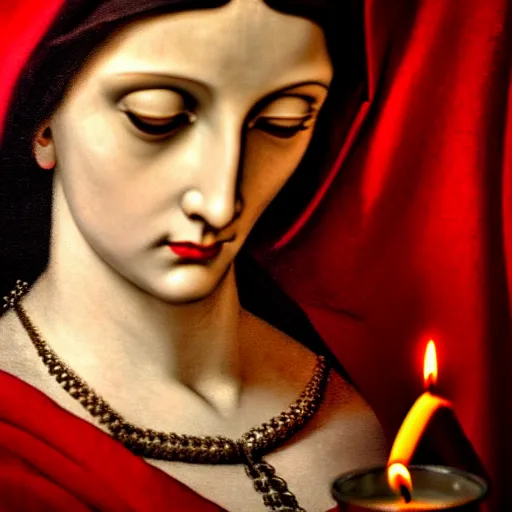 Image similar to close up portrait of the goddess of blood in silk robes of blood, cultists watching, red hoods, candle lights, renaissance, baroque, gothic, high detail, dark lighting, atmospheric, extremely detailed, intricate, da vinci, michelangelo, caravaggio, 8 k