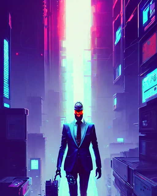 Prompt: cyberpunk synth, hyper - realistic portrait of a man in a suit with detailed background, cyberpunk, intricate, digital painting, by atey ghailan, by greg rutkowski, by greg tocchini, by james gilleard, by joe fenton, by kaethe butcher, dynamic lighting, gradient light blue, lighting color scheme, sharp focus, grunge aesthetic
