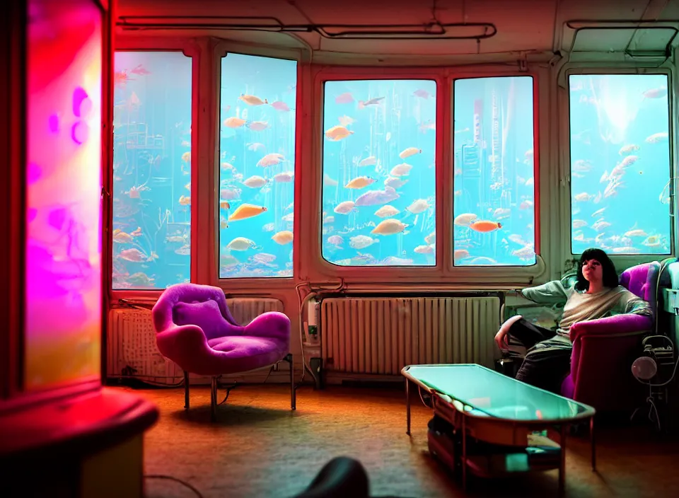 Image similar to telephoto 7 0 mm f / 2. 8 iso 2 0 0 photograph depicting the feeling of chrysalism in a cosy cluttered french sci - fi ( art nouveau ) cyberpunk apartment in a pastel dreamstate art cinema style. ( aquarium, computer screens, window ( city ), leds, lamp, desk ( ( ( armchair ) ) ) ), ambient light.