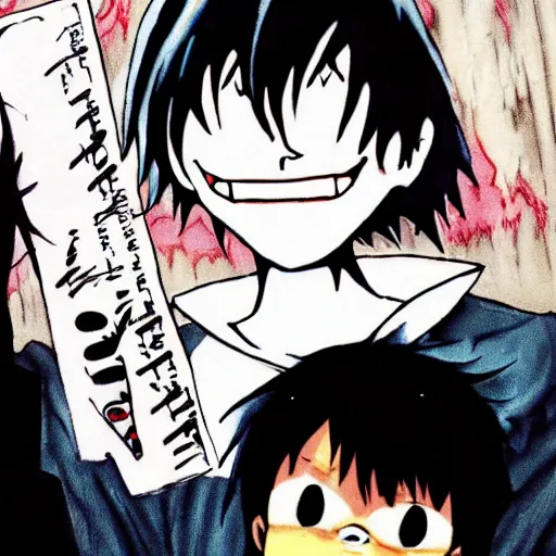 Prompt: benjamin nethnyahu holding a death note smiling while a ryuk is hovering next to him - n 6