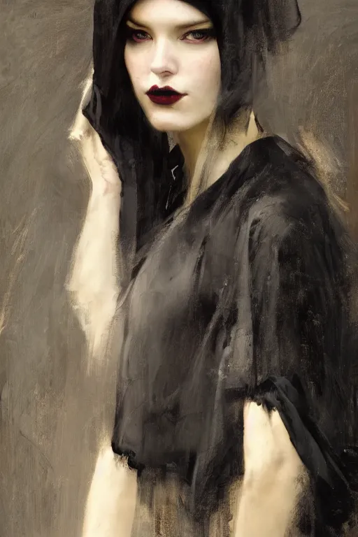 Prompt: Richard Schmid and Jeremy Lipking and Roberto Ferri full length portrait painting of a young beautiful evil fantasy priestess covered head to toe in black except for face