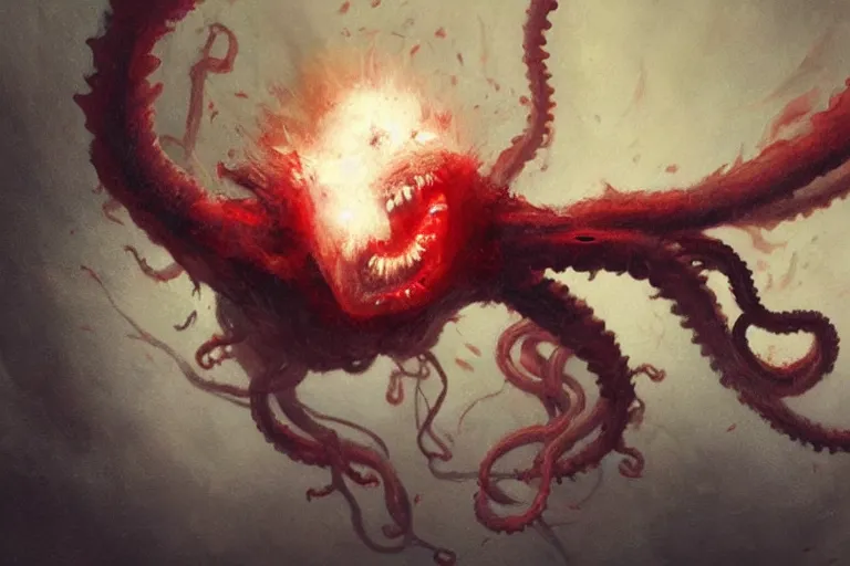 Prompt: painting by greg rutkowski of a flying crying human head and face that is chalk white in color, with tentacles coming of the neck, fiery red eyes, flying in a terrying hell like cavernous place