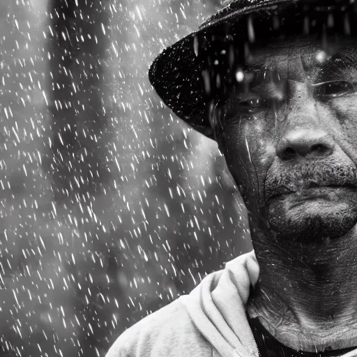 Image similar to closeup portrait of a man fishing in a rainy new york street, photography