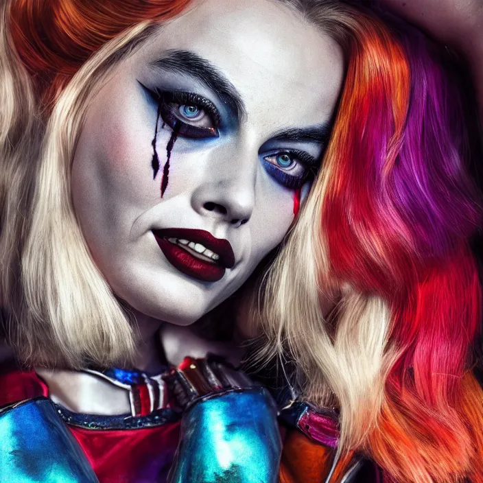 Image similar to portrait of Margot Robbie as a harley quinn. intricate abstract. intricate artwork. by Tooth Wu, wlop, beeple, dan mumford. octane render, trending on artstation, greg rutkowski very coherent symmetrical artwork. cinematic, hyper realism, high detail, octane render, 8k, iridescent accents