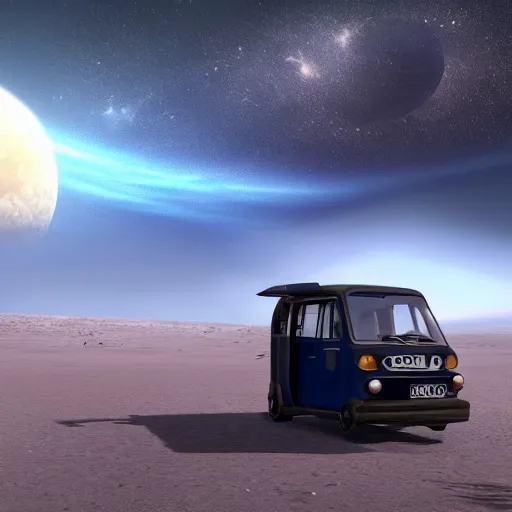 Prompt: a dark blue tuk tuk traveling on the surface of the moon, moon craters, black sky, hard science fiction, milky way, moon, matte painting, concept art, 4k