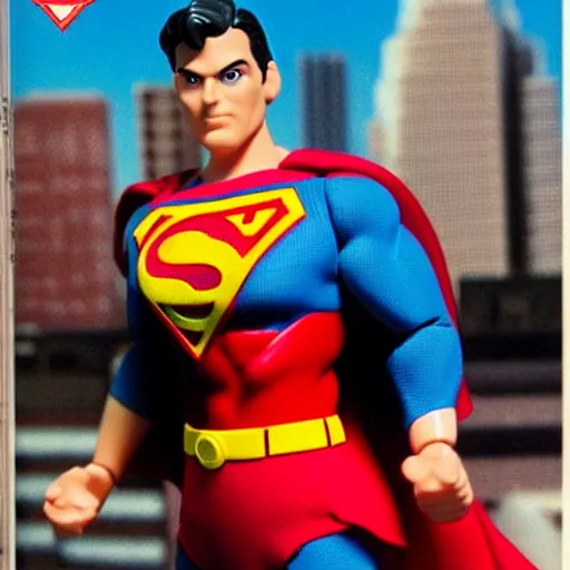 Prompt: toy photography. Superman action figure against a bright city backdrop. Dynamic Macro 1991. Cover of Nintendo Power