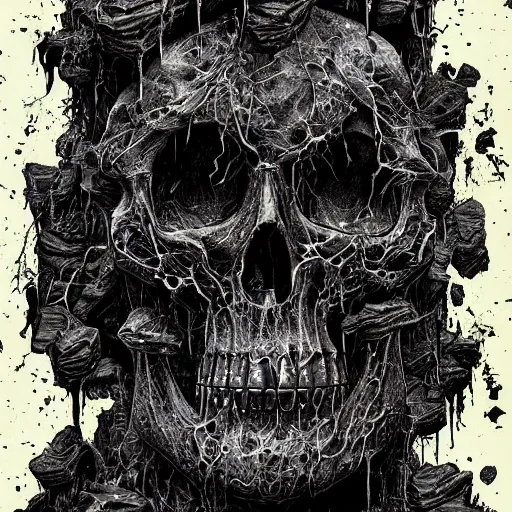 Image similar to vertical pile of melting skull disgorging black tar, android jones