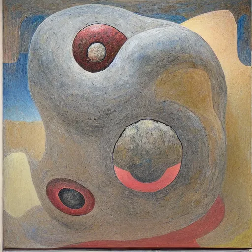 Image similar to a detailed, impasto painting by shaun tan and louise bourgeois of an abstract, forgotten sculpture by ivan seal and the caretaker