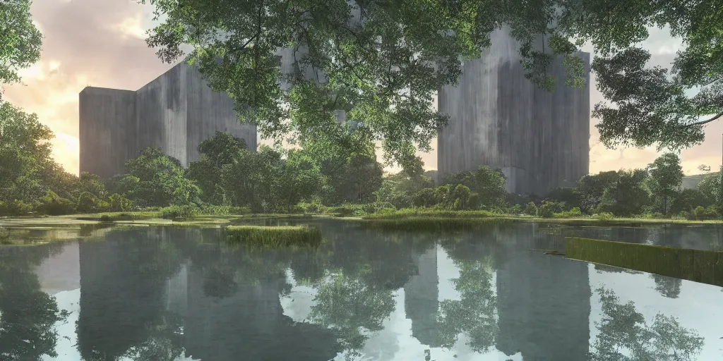 Image similar to an extremely detailed cathedral of brutalist architecture, surrounded by lush green forest, accurate reflections in surrounding ponds of water, stunning volumetric lighting, sunset, rusted steel, smooth concrete, stunning skies, trending on Artstation, 8k, photorealistic, hyper detailed, unreal engine 5, IMAX quality, cinematic, epic lighting, in the style of Greg Rutkowski