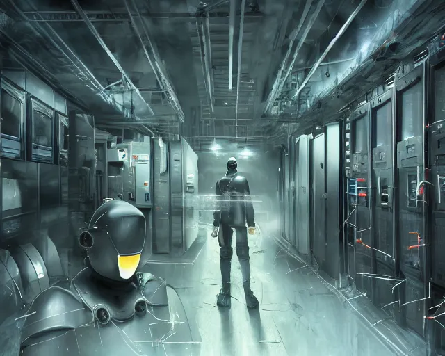 Image similar to blender gloomy colossal ruined server room in datacenter robot figure automata headless drone robot knight welder posing pacing fixing soldering mono sharp focus, emitting diodes, smoke, artillery, sparks, racks, system unit, motherboard, by pascal blanche rutkowski artstation hyperrealism cinematic dramatic painting concept art of detailed character design matte painting