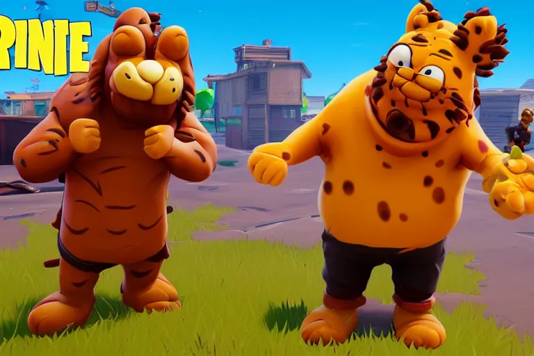 Prompt: a screenshot of a player with a garfield skin in fortnite ( 2 0 1 7 ), garfield and friends public event in fortnite