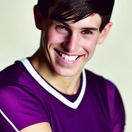 Image similar to photographic portrait by Annie Leibovitz of a young white male smiling with short brown hair that sticks up in the front, dark eyes, groomed eyebrows, tapered hairline, sharp jawline, wearing a purple white volleyball jersey, sigma 85mm f/1.4, 15mm, 35mm, 4k, high resolution, 4k, 8k, hd, full color