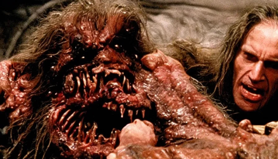 Prompt: a disgusting vile monster eating a man from The Thing, by Cronenberg and greg nicotero