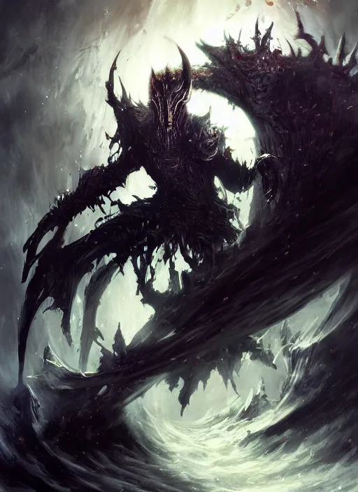 Image similar to powerful undead litch, dark souls boss, magic swirling, painted by raymond swanland