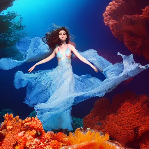 Image similar to woman dancing underwater wearing a flowing dress made of blue, magenta, and yellow seaweed, delicate coral sea bottom, swirling silver fish, swirling smoke shapes, octane render, caustics lighting from above, cinematic, hyperdetailed