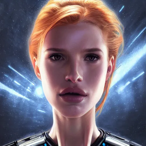 Image similar to ultra realistic illustration, bella thorne as borg 7 of 9 from star trek, intricate, elegant, highly detailed, digital painting, artstation, concept art, smooth, sharp focus, illustration, art by artgerm and greg rutkowski and alphonse mucha